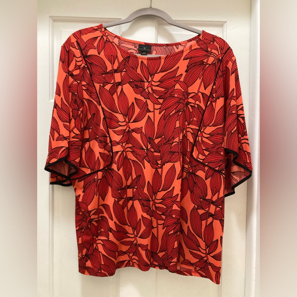 Worthington Women's Coral Orange Floral Short Sleeve Blouse. Size XL